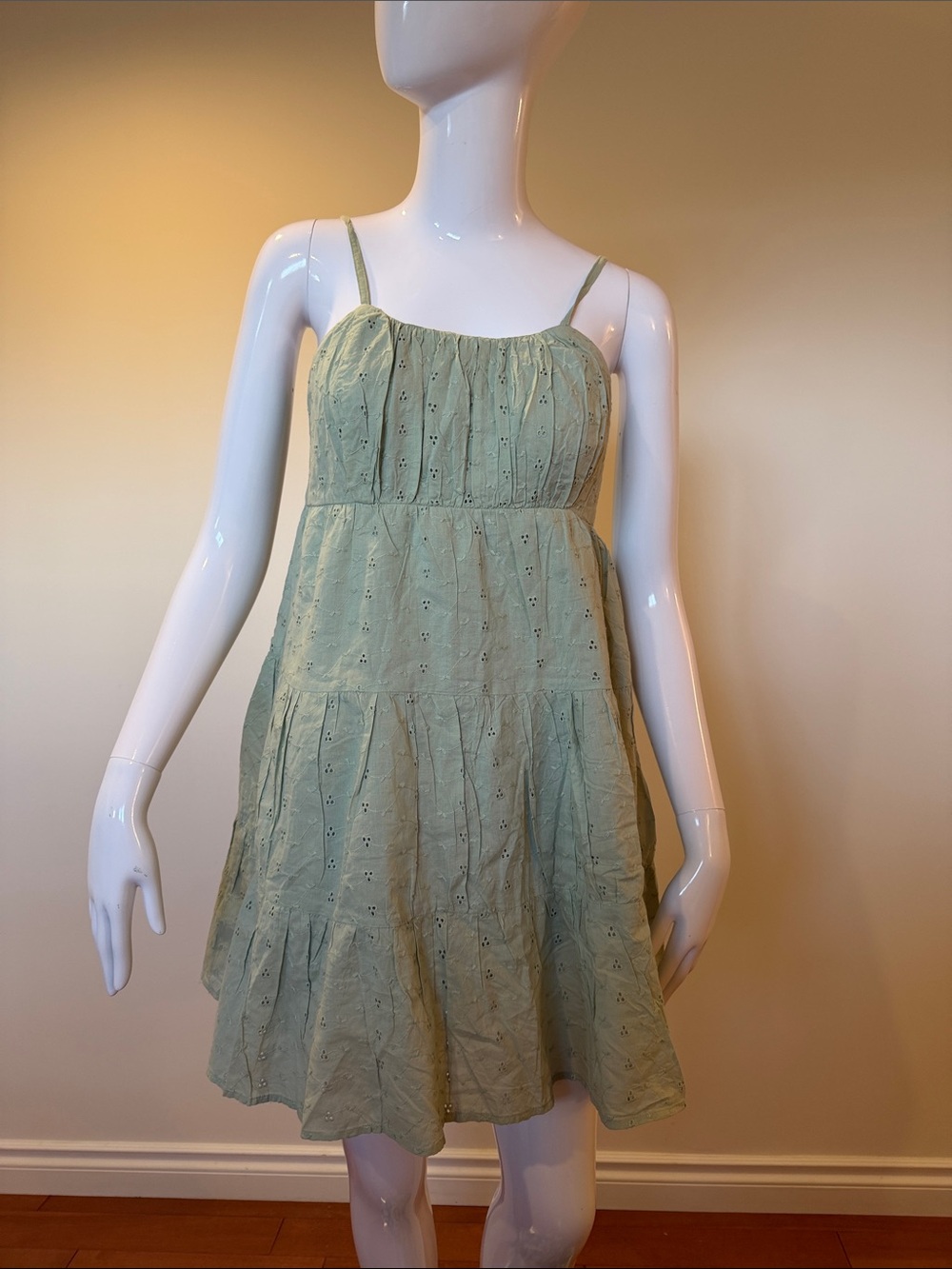 Japna Sage Green Cotton Eyelet Smocked Mini Dress Large